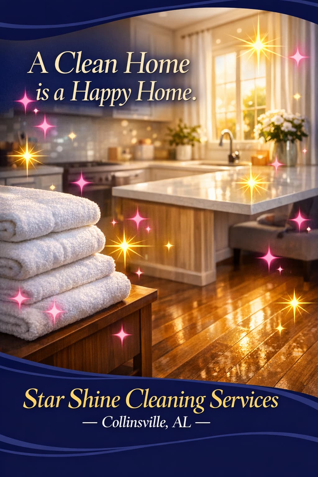 Star Shine Cleaning Services vertical social media post showing a sparkling clean home interior with deep indigo, hot pink, and golden brand colors, tagline "A Clean Home is a Happy Home."