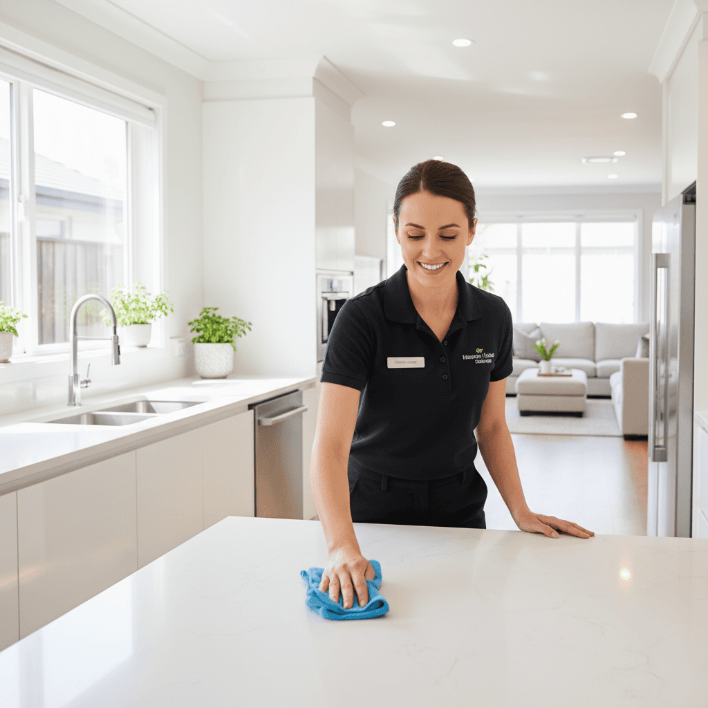 Professional cleaner wiping kitchen countertop
