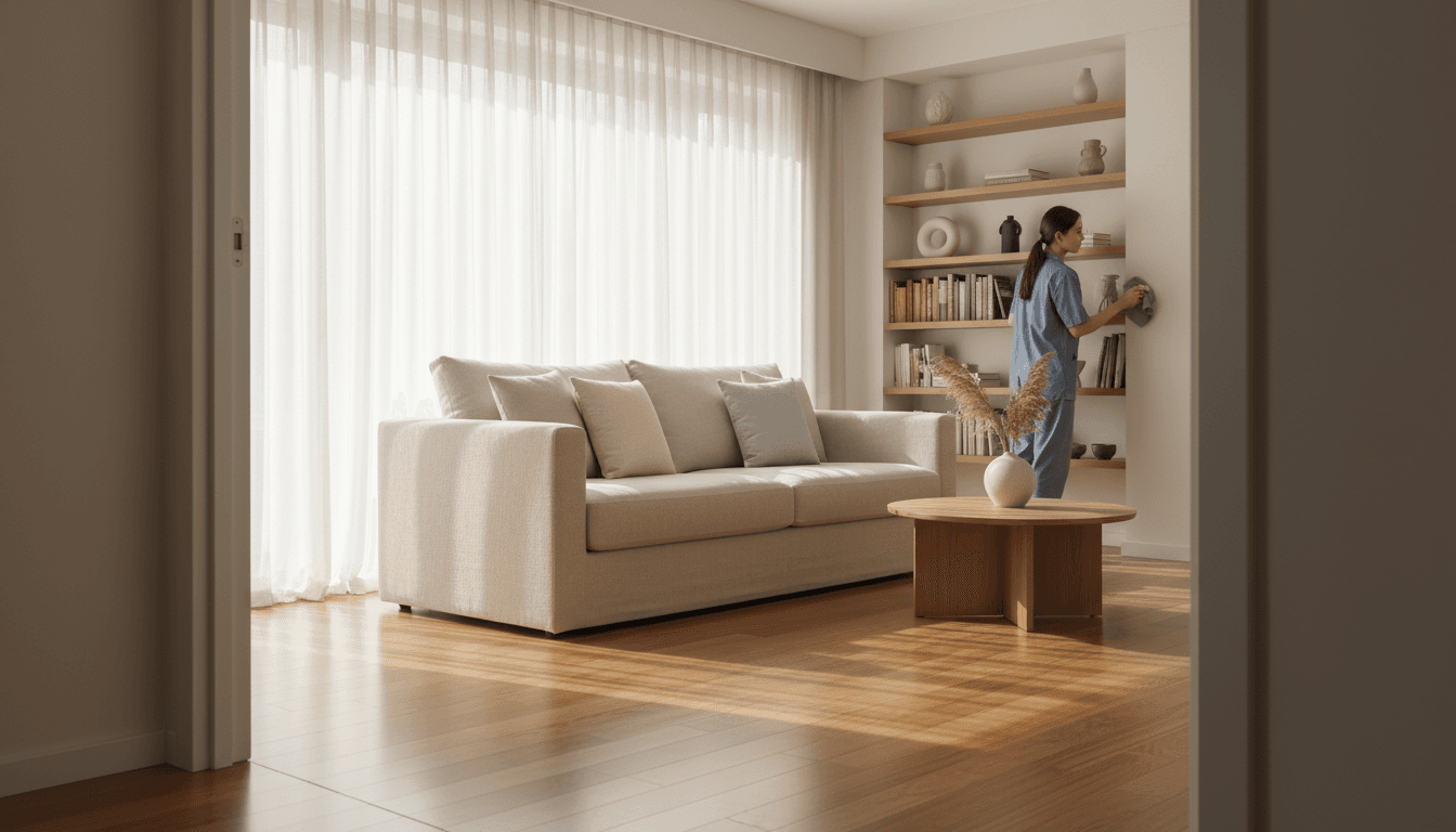 Professional organizer working in a clean modern home interior