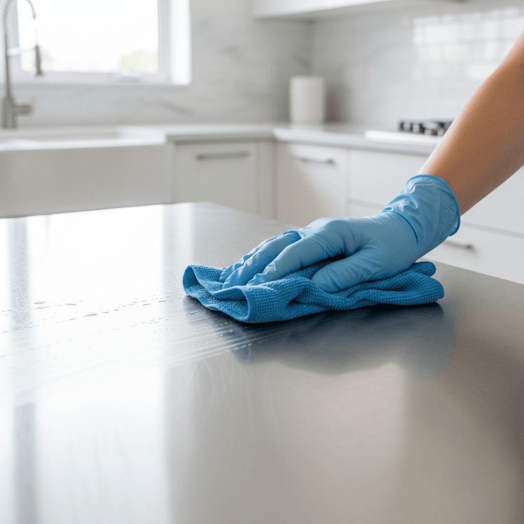 Professional cleaner's gloved hands wiping stainless steel kitchen counter with microfiber cloth in bright natural light