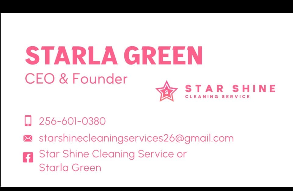 Pink business card for Starla Green, CEO and Founder of Star Shine Cleaning Service.